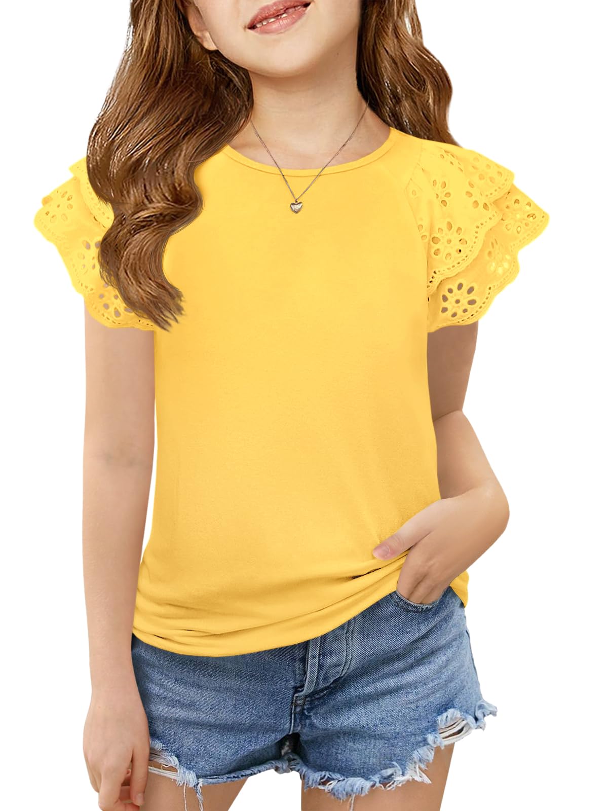 Haloumoning Girls Ruffle Sleeve T Shirts Summer Short Sleeve Casual Cute Crewneck Tops Tees 5-14 Years