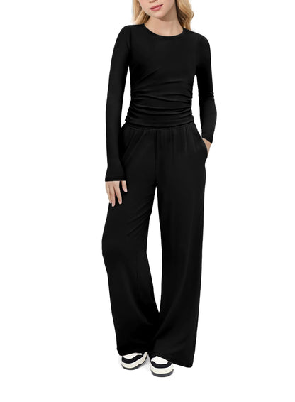 Arshiner Girls 2 Piece Set Fall Outfits Lounge Sets Ruched Long Sleeve Top Wide Leg Pants Sweatsuit Clothing Set