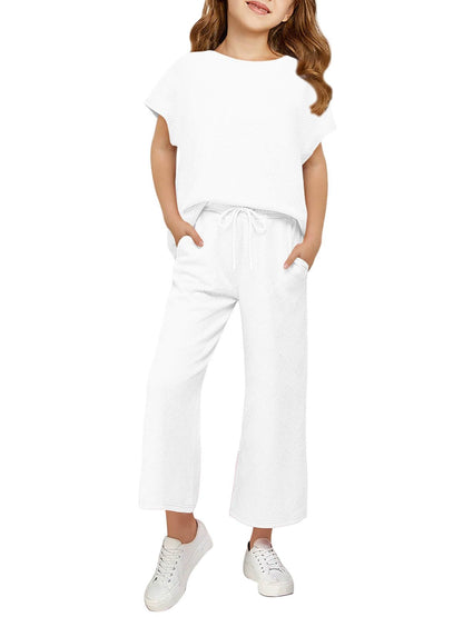 Haloumoning Girls' Clothing Sets Kids Fashion Short Sleeve Crew Neck Tops Wide Leg Pants Sweatsuit with Pocket 5-14Y