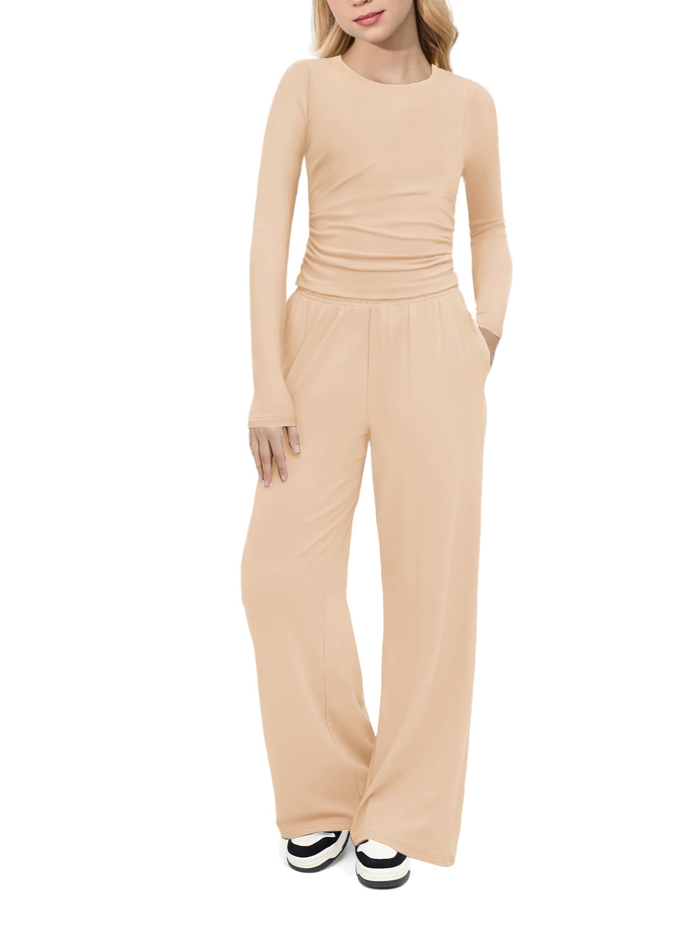 Arshiner Girls 2 Piece Set Fall Outfits Lounge Sets Ruched Long Sleeve Top Wide Leg Pants Sweatsuit Clothing Set