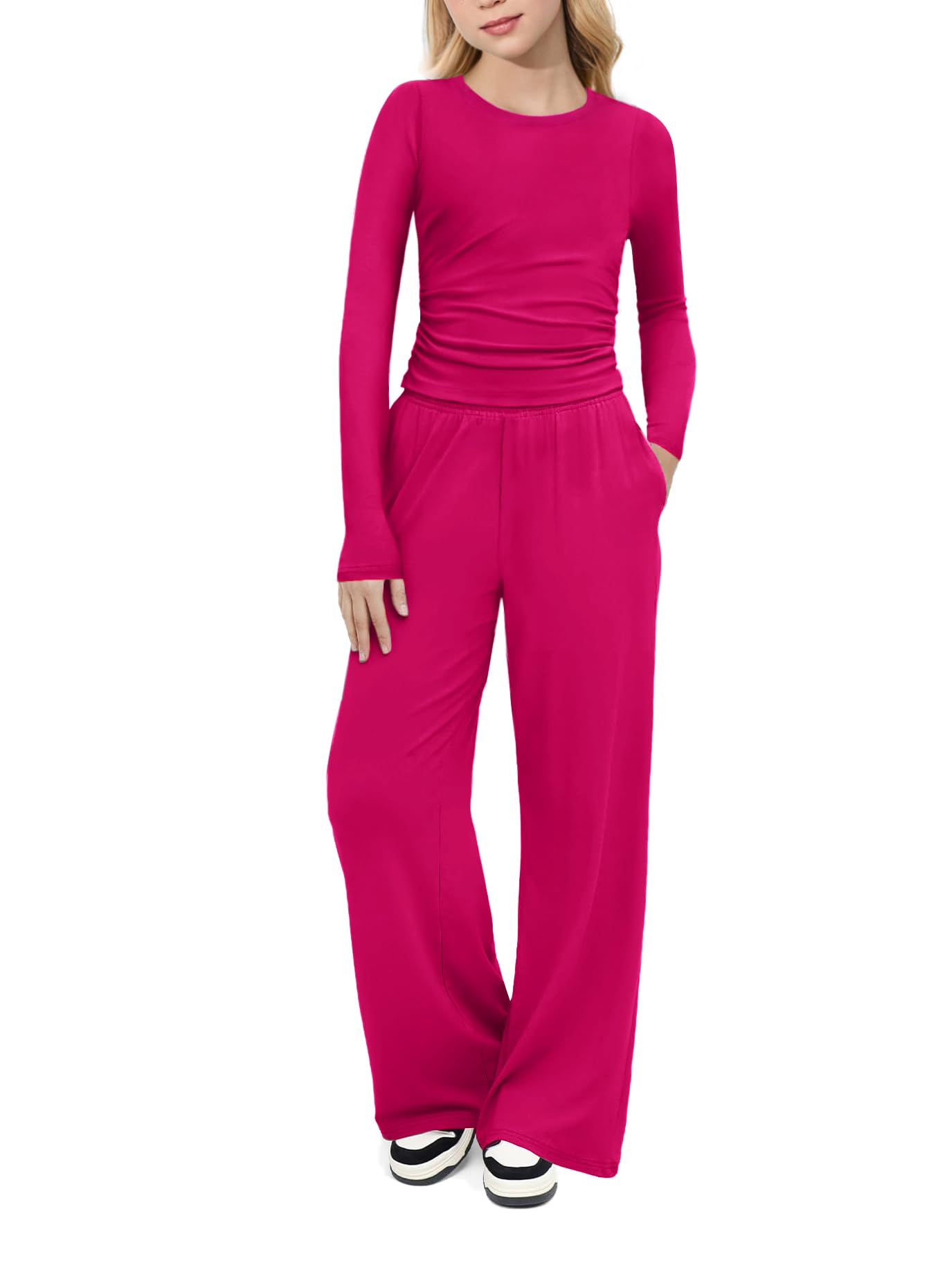 Arshiner Girls 2 Piece Set Fall Outfits Lounge Sets Ruched Long Sleeve Top Wide Leg Pants Sweatsuit Clothing Set