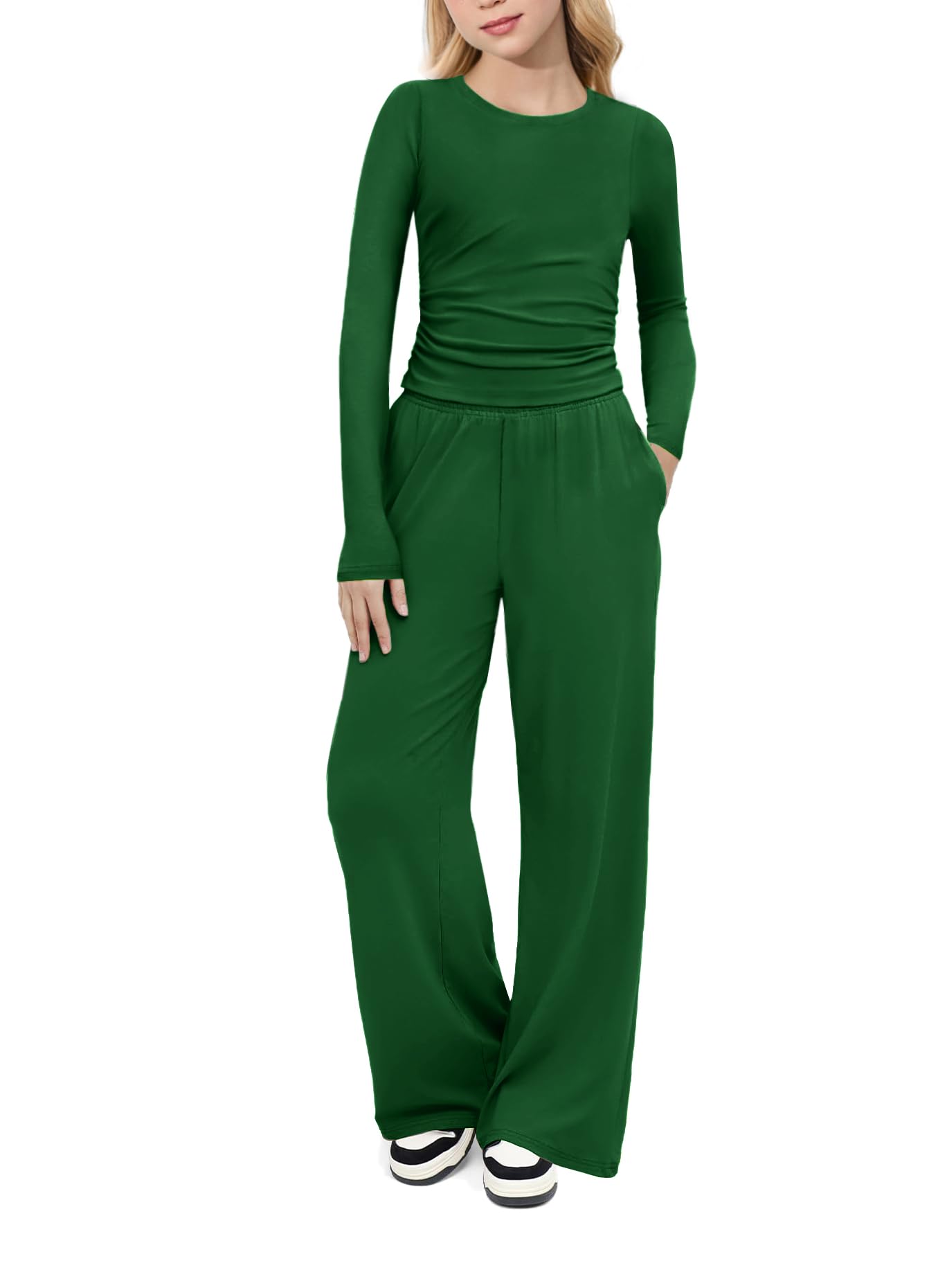 Arshiner Girls 2 Piece Set Fall Outfits Lounge Sets Ruched Long Sleeve Top Wide Leg Pants Sweatsuit Clothing Set