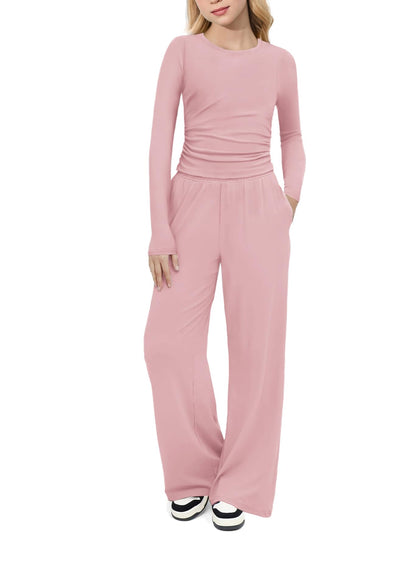 Arshiner Girls 2 Piece Set Fall Outfits Lounge Sets Ruched Long Sleeve Top Wide Leg Pants Sweatsuit Clothing Set