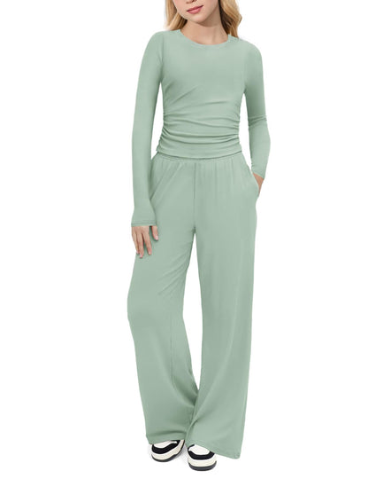 Arshiner Girls 2 Piece Set Fall Outfits Lounge Sets Ruched Long Sleeve Top Wide Leg Pants Sweatsuit Clothing Set