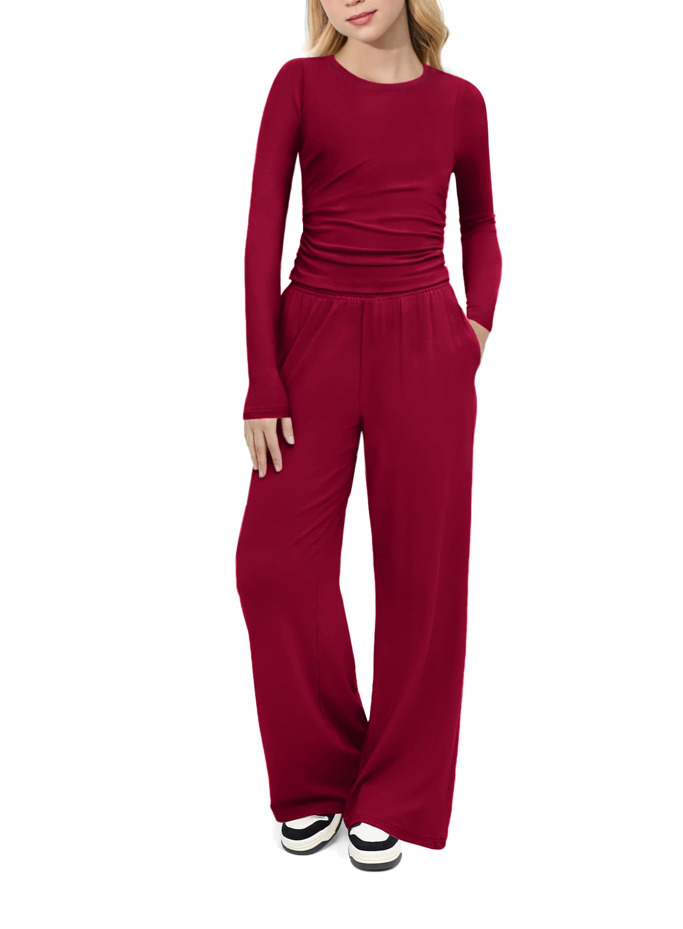 Arshiner Girls 2 Piece Set Fall Outfits Lounge Sets Ruched Long Sleeve Top Wide Leg Pants Sweatsuit Clothing Set