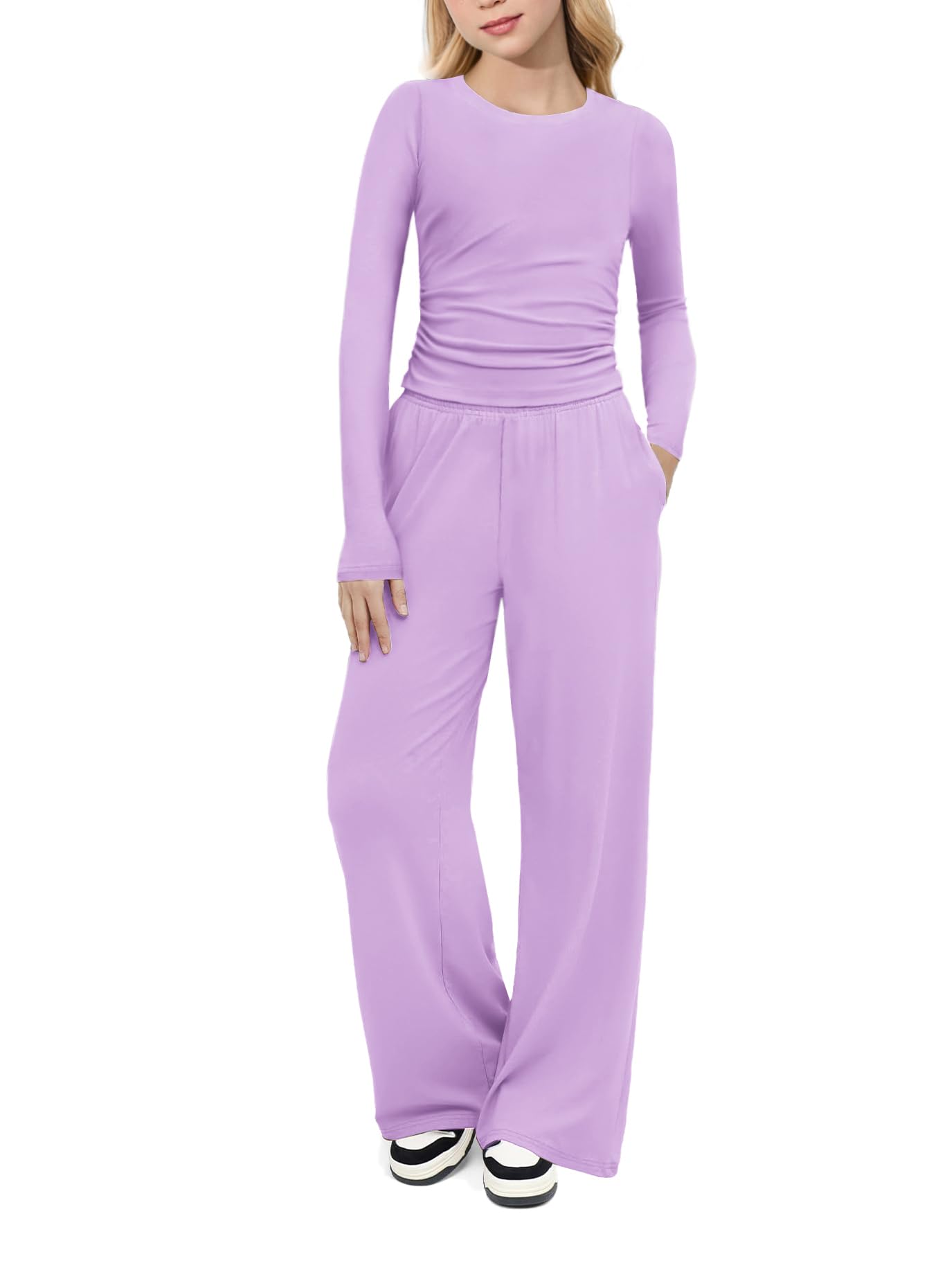 Arshiner Girls 2 Piece Set Fall Outfits Lounge Sets Ruched Long Sleeve Top Wide Leg Pants Sweatsuit Clothing Set