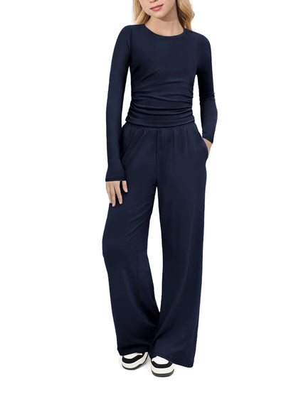 Arshiner Girls 2 Piece Set Fall Outfits Lounge Sets Ruched Long Sleeve Top Wide Leg Pants Sweatsuit Clothing Set