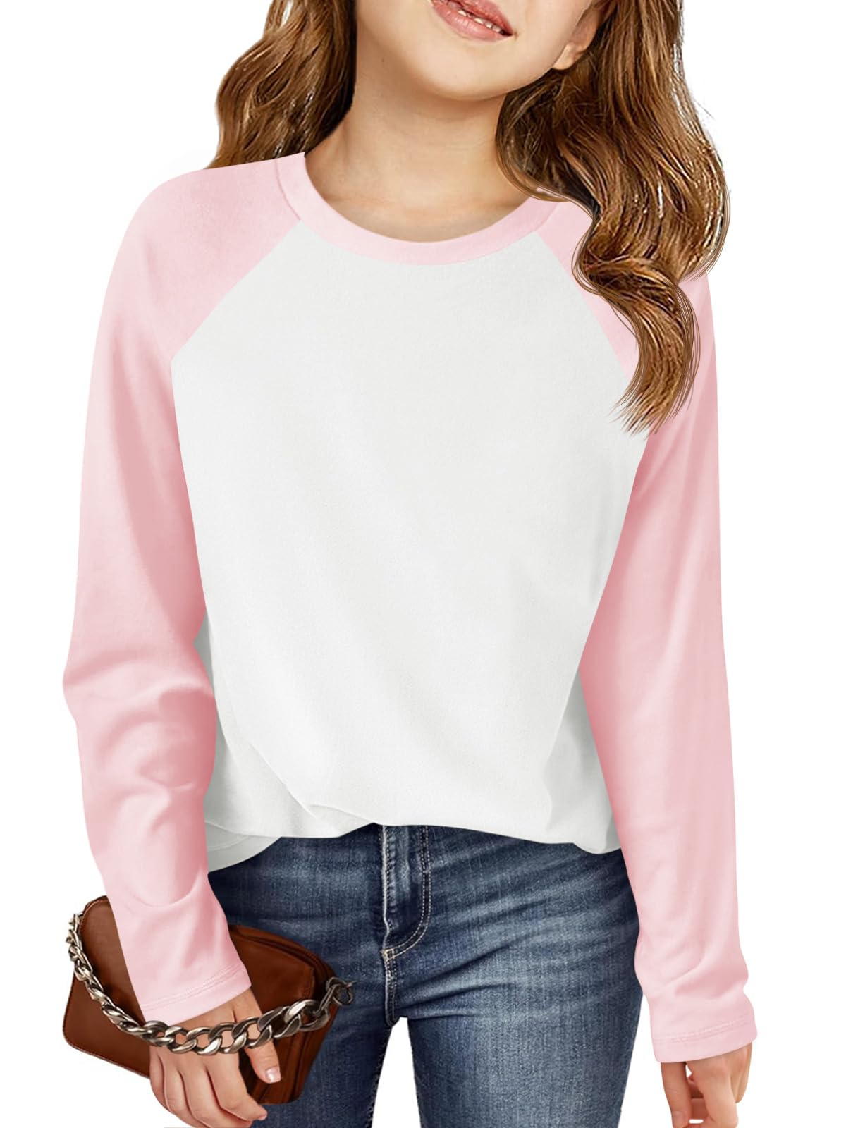 Haloumoning Kids Girls T Shirts Casual Raglan Long Sleeve Tee Crewneck Color Block Cute Fall Blouses Tops 5-14 Years