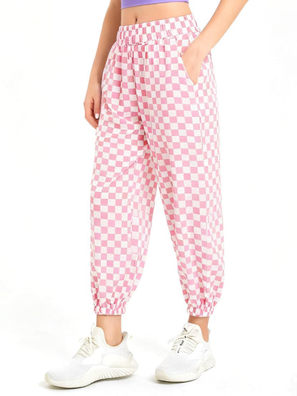 Haloumoning Girls Plaid Pants Kids Elastic Waist Jogger Pants Lightweight Bottoms with Pockets 5-14 Years