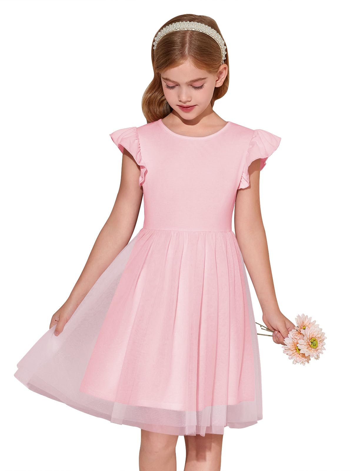 Haloumoning Girls Tutu Dress Ruffle Short Sleeve Fluffy Summer Party Tulle Dress for Kids 5-14Y