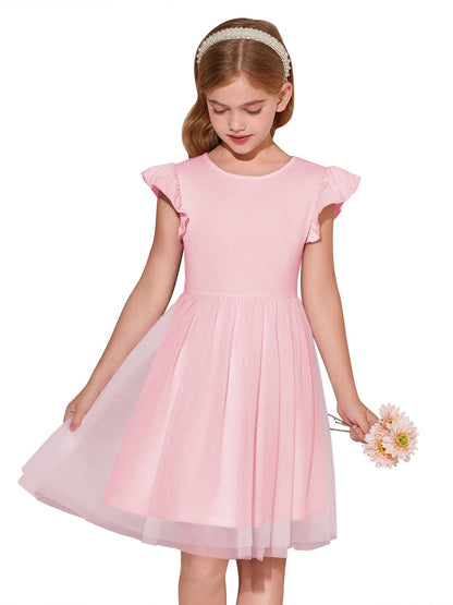 Haloumoning Girls Tutu Dress Ruffle Short Sleeve Fluffy Summer Party Tulle Dress for Kids 5-14Y