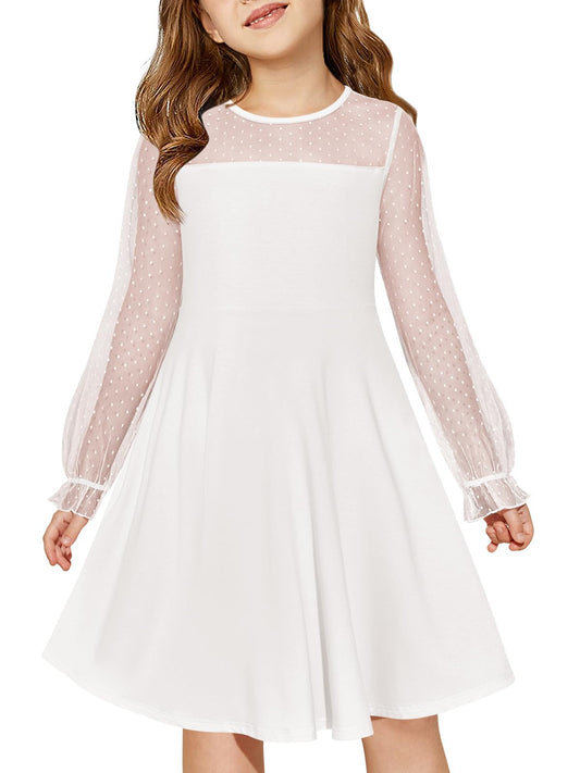 Haloumoning Girls Contrast Mesh Long Sleeve High Waist A Line Short Dress with Pockets 4-14 Years