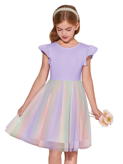 Haloumoning Girls Tutu Dress Ruffle Short Sleeve Fluffy Summer Party Tulle Dress for Kids 5-14Y