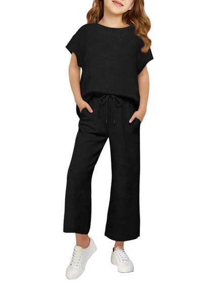 Haloumoning Girls' Clothing Sets Kids Fashion Short Sleeve Crew Neck Tops Wide Leg Pants Sweatsuit with Pocket 5-14Y