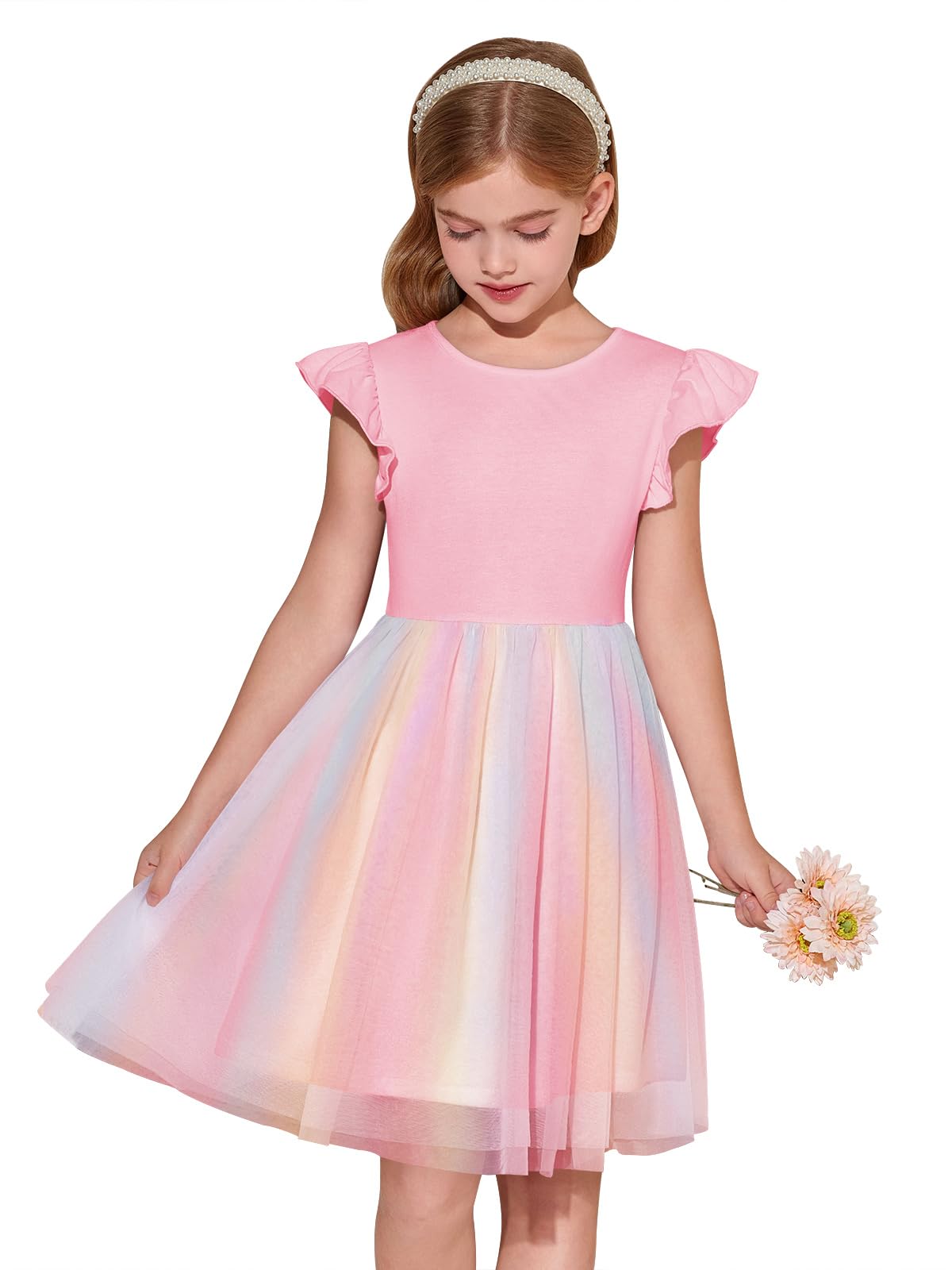 Haloumoning Girls Tutu Dress Ruffle Short Sleeve Fluffy Summer Party Tulle Dress for Kids 5-14Y