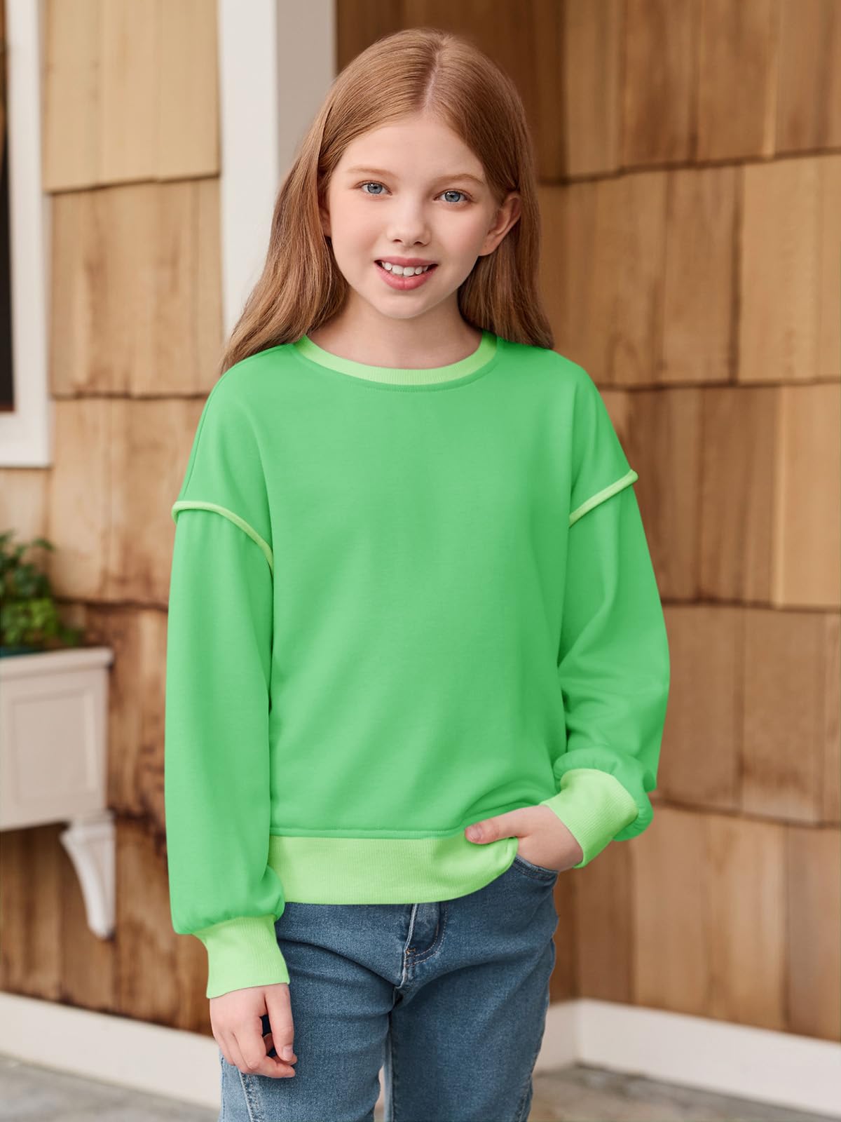 Haloumoning Girls Casual Crewneck Sweatshirts Long Sleeve Color Block Loose Fit Fall Cute Pullover Tops 5-14 Years