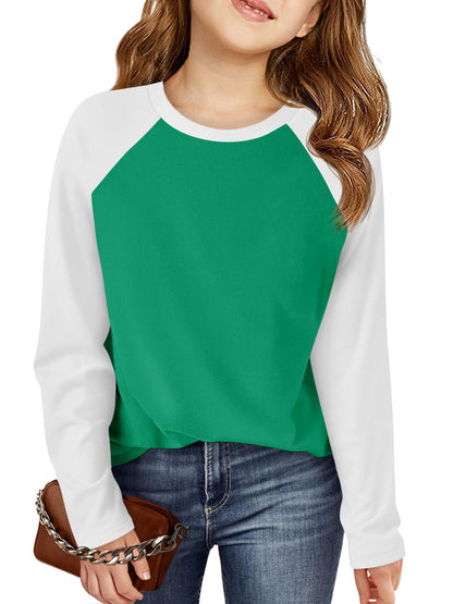 Haloumoning Kids Girls T Shirts Casual Raglan Long Sleeve Tee Crewneck Color Block Cute Fall Blouses Tops 5-14 Years