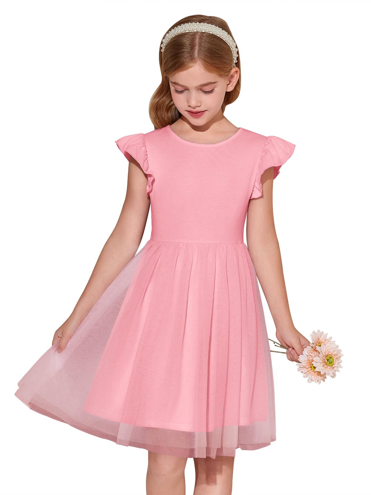 Haloumoning Girls Tutu Dress Ruffle Short Sleeve Fluffy Summer Party Tulle Dress for Kids 5-14Y
