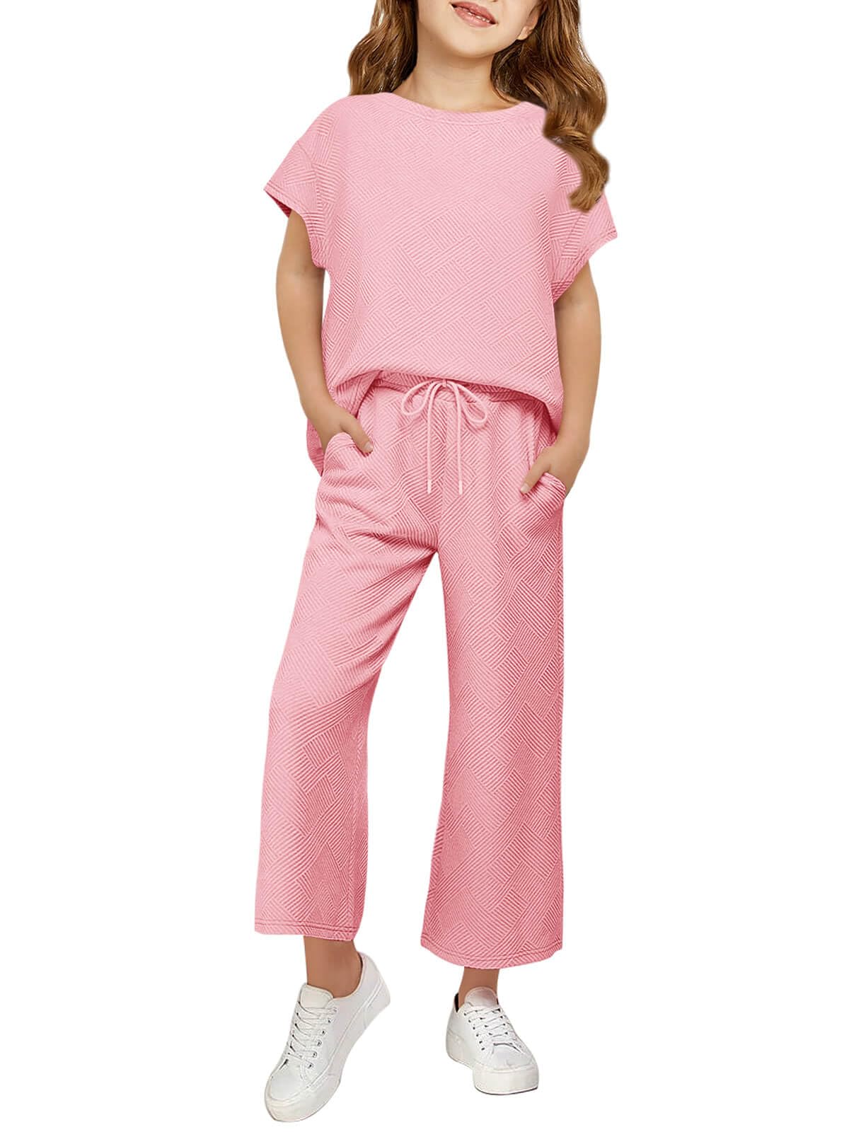 Haloumoning Girls' Clothing Sets Kids Fashion Short Sleeve Crew Neck Tops Wide Leg Pants Sweatsuit with Pocket 5-14Y