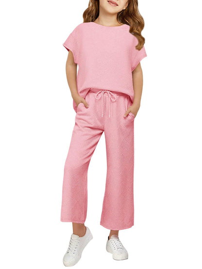Haloumoning Girls' Clothing Sets Kids Fashion Short Sleeve Crew Neck Tops Wide Leg Pants Sweatsuit with Pocket 5-14Y
