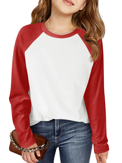 Haloumoning Kids Girls T Shirts Casual Raglan Long Sleeve Tee Crewneck Color Block Cute Fall Blouses Tops 5-14 Years