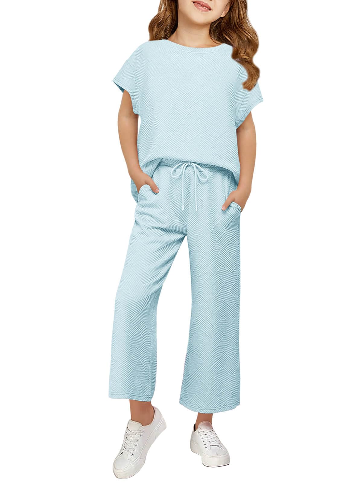 Haloumoning Girls' Clothing Sets Kids Fashion Short Sleeve Crew Neck Tops Wide Leg Pants Sweatsuit with Pocket 5-14Y