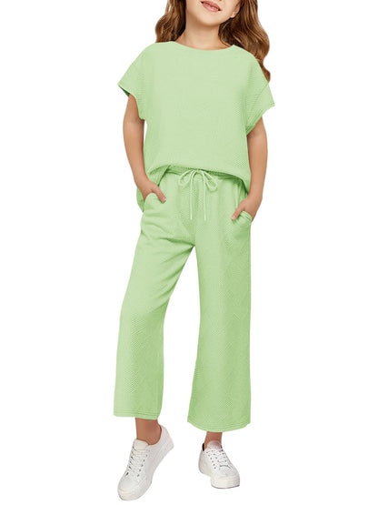 Haloumoning Girls' Clothing Sets Kids Fashion Short Sleeve Crew Neck Tops Wide Leg Pants Sweatsuit with Pocket 5-14Y