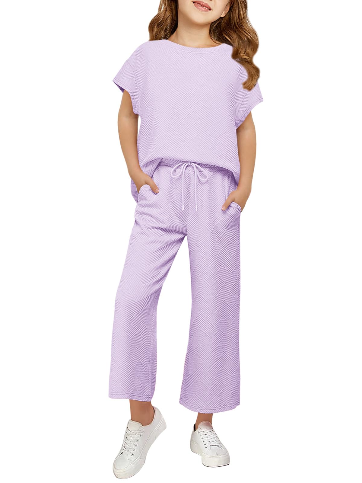 Haloumoning Girls' Clothing Sets Kids Fashion Short Sleeve Crew Neck Tops Wide Leg Pants Sweatsuit with Pocket 5-14Y