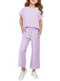 Haloumoning Girls' Clothing Sets Kids Fashion Short Sleeve Crew Neck Tops Wide Leg Pants Sweatsuit with Pocket 5-14Y