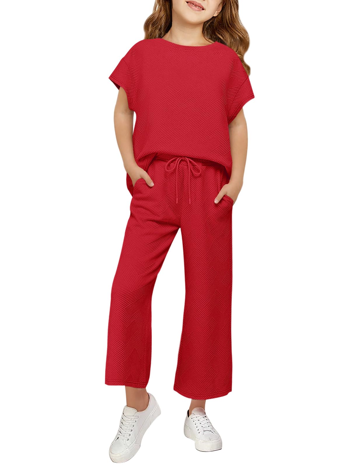 Haloumoning Girls' Clothing Sets Kids Fashion Short Sleeve Crew Neck Tops Wide Leg Pants Sweatsuit with Pocket 5-14Y