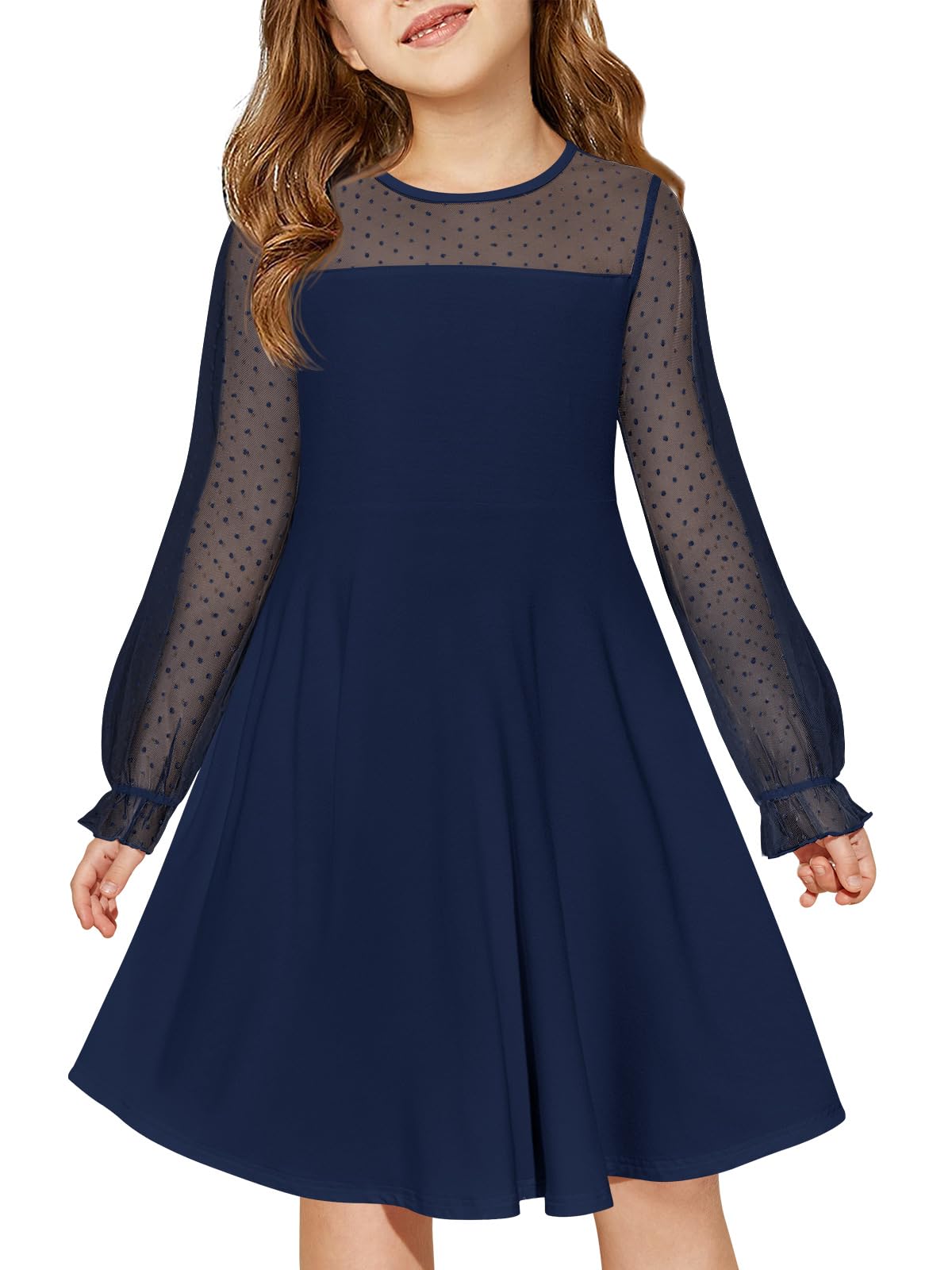 Haloumoning Girls Contrast Mesh Long Sleeve High Waist A Line Short Dress with Pockets 4-14 Years