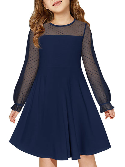 Haloumoning Girls Contrast Mesh Long Sleeve High Waist A Line Short Dress with Pockets 4-14 Years