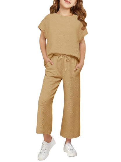 Haloumoning Girls' Clothing Sets Kids Fashion Short Sleeve Crew Neck Tops Wide Leg Pants Sweatsuit with Pocket 5-14Y