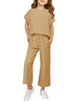 Haloumoning Girls' Clothing Sets Kids Fashion Short Sleeve Crew Neck Tops Wide Leg Pants Sweatsuit with Pocket 5-14Y