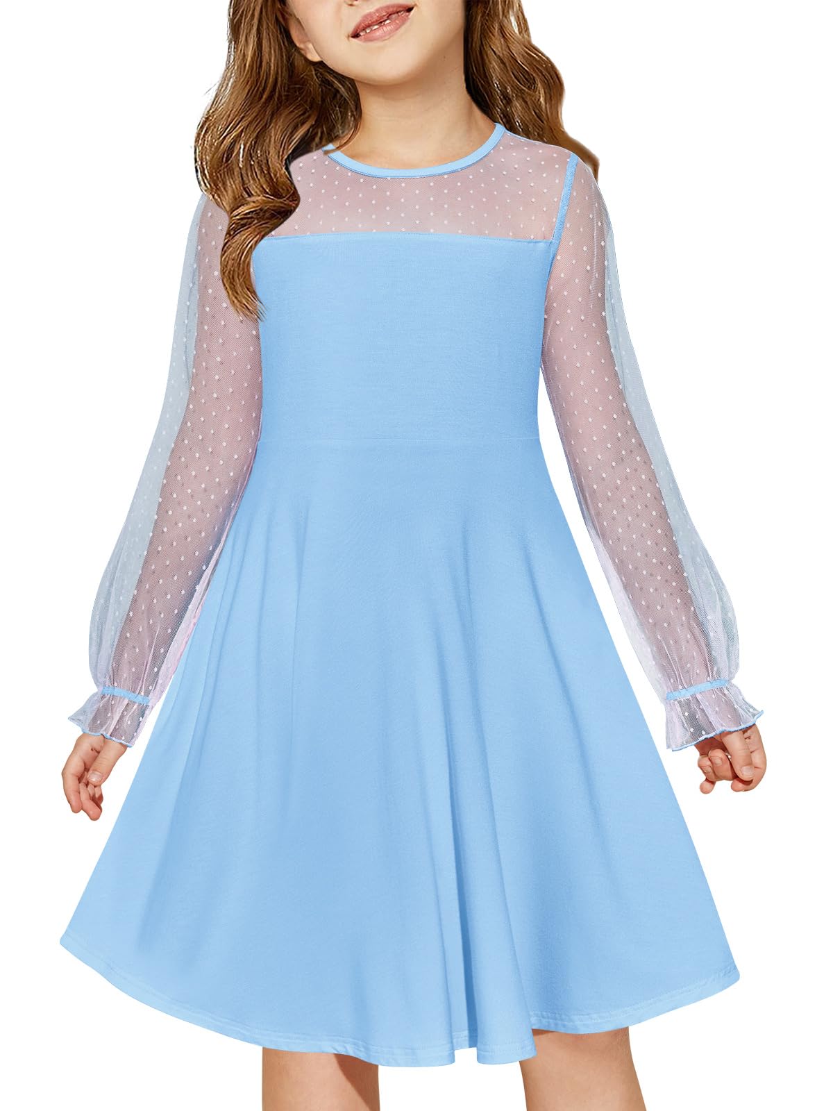 Haloumoning Girls Contrast Mesh Long Sleeve High Waist A Line Short Dress with Pockets 4-14 Years