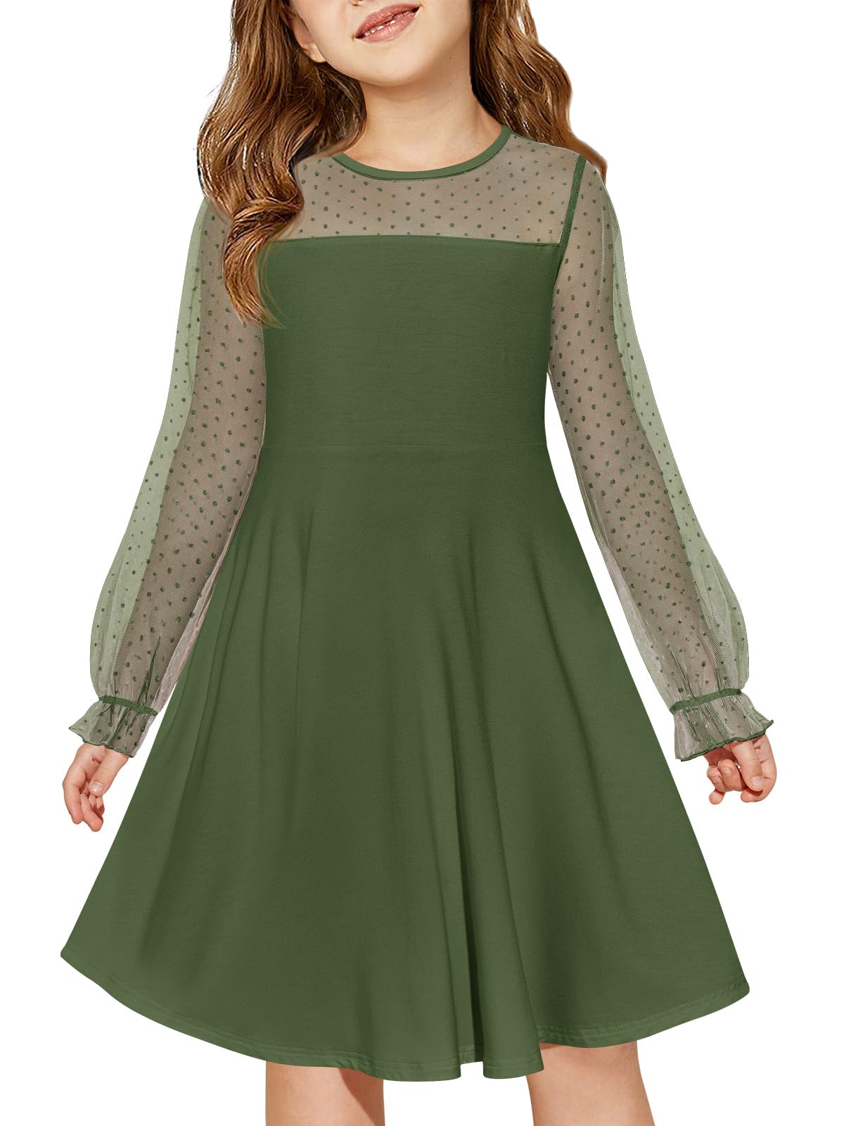 Haloumoning Girls Contrast Mesh Long Sleeve High Waist A Line Short Dress with Pockets 4-14 Years