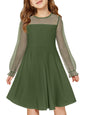 Haloumoning Girls Contrast Mesh Long Sleeve High Waist A Line Short Dress with Pockets 4-14 Years