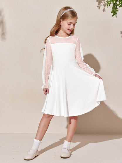 Haloumoning Girls Contrast Mesh Long Sleeve High Waist A Line Short Dress with Pockets 4-14 Years