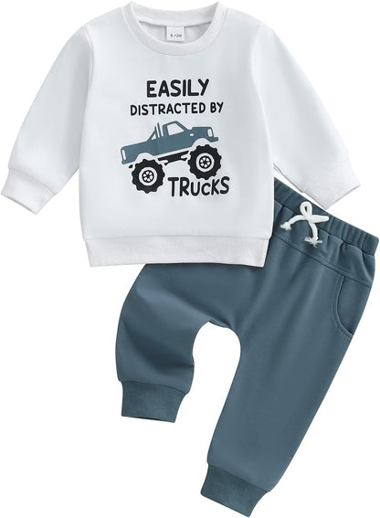WZTYYDS Toddler Baby Boy Fall Clothes Letter Truck Long Sleeve Pullover Sweatshirt Tops Joggers Pants Set Winter Outfits