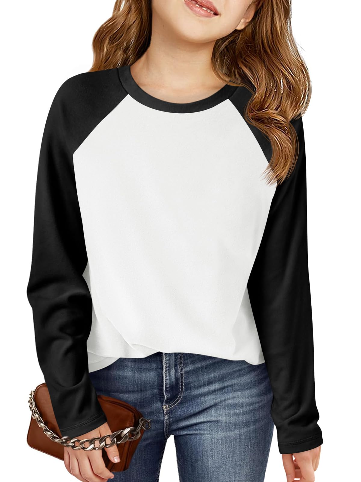 Haloumoning Kids Girls T Shirts Casual Raglan Long Sleeve Tee Crewneck Color Block Cute Fall Blouses Tops 5-14 Years