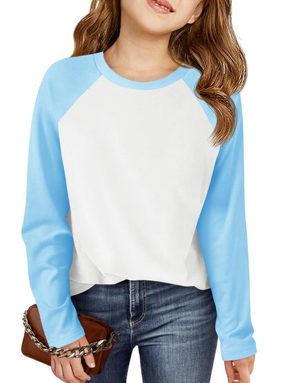 Haloumoning Kids Girls T Shirts Casual Raglan Long Sleeve Tee Crewneck Color Block Cute Fall Blouses Tops 5-14 Years