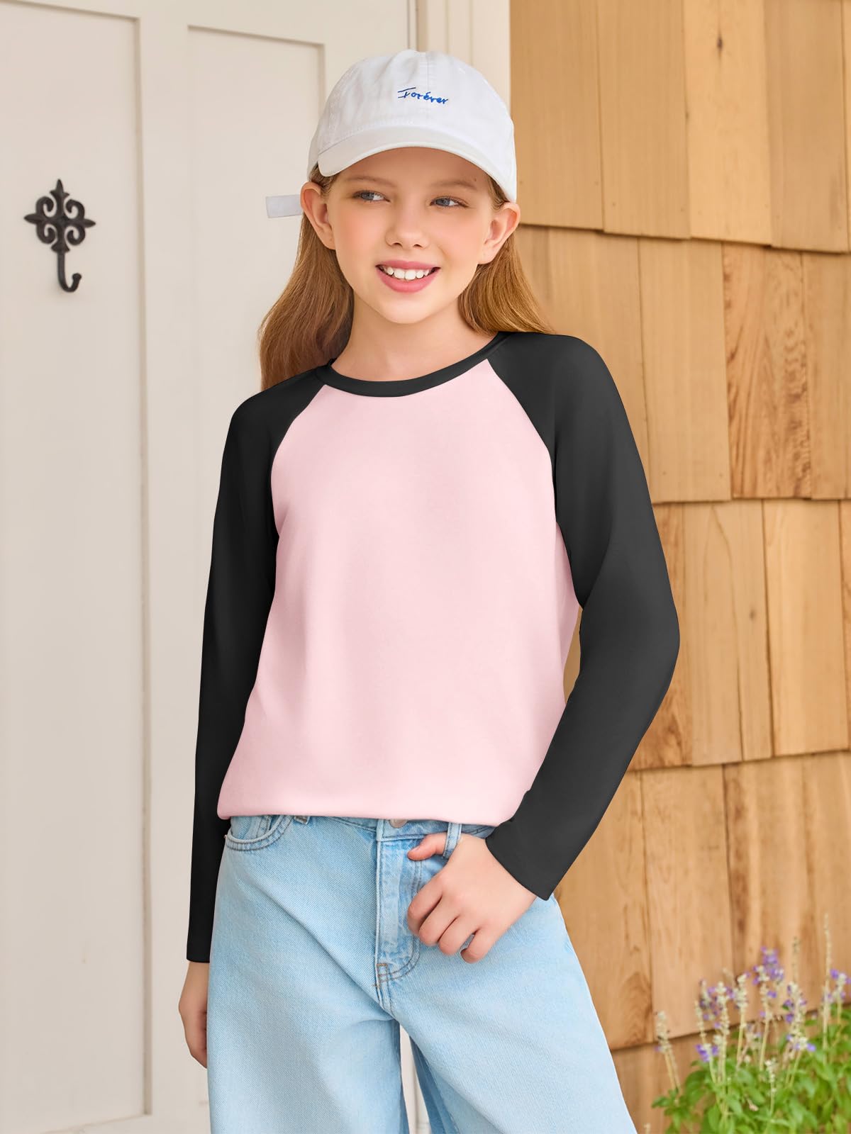 Haloumoning Kids Girls T Shirts Casual Raglan Long Sleeve Tee Crewneck Color Block Cute Fall Blouses Tops 5-14 Years
