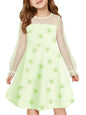 Haloumoning Girls Contrast Mesh Long Sleeve High Waist A Line Short Dress with Pockets 4-14 Years