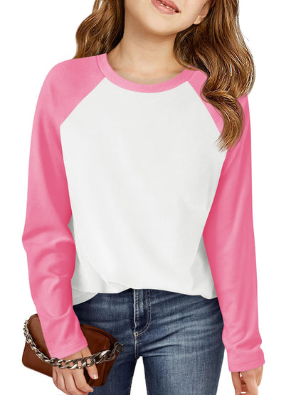 Haloumoning Kids Girls T Shirts Casual Raglan Long Sleeve Tee Crewneck Color Block Cute Fall Blouses Tops 5-14 Years