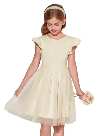 Haloumoning Girls Tutu Dress Ruffle Short Sleeve Fluffy Summer Party Tulle Dress for Kids 5-14Y