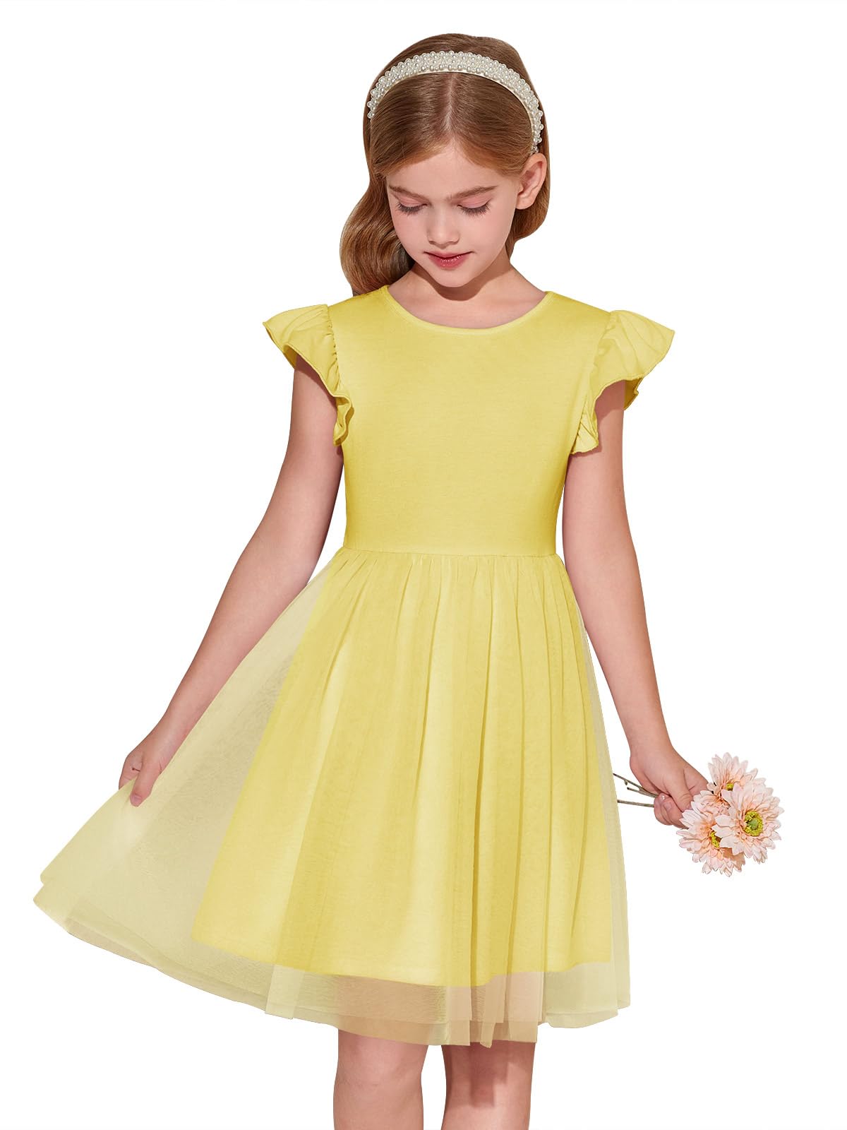 Haloumoning Girls Tutu Dress Ruffle Short Sleeve Fluffy Summer Party Tulle Dress for Kids 5-14Y