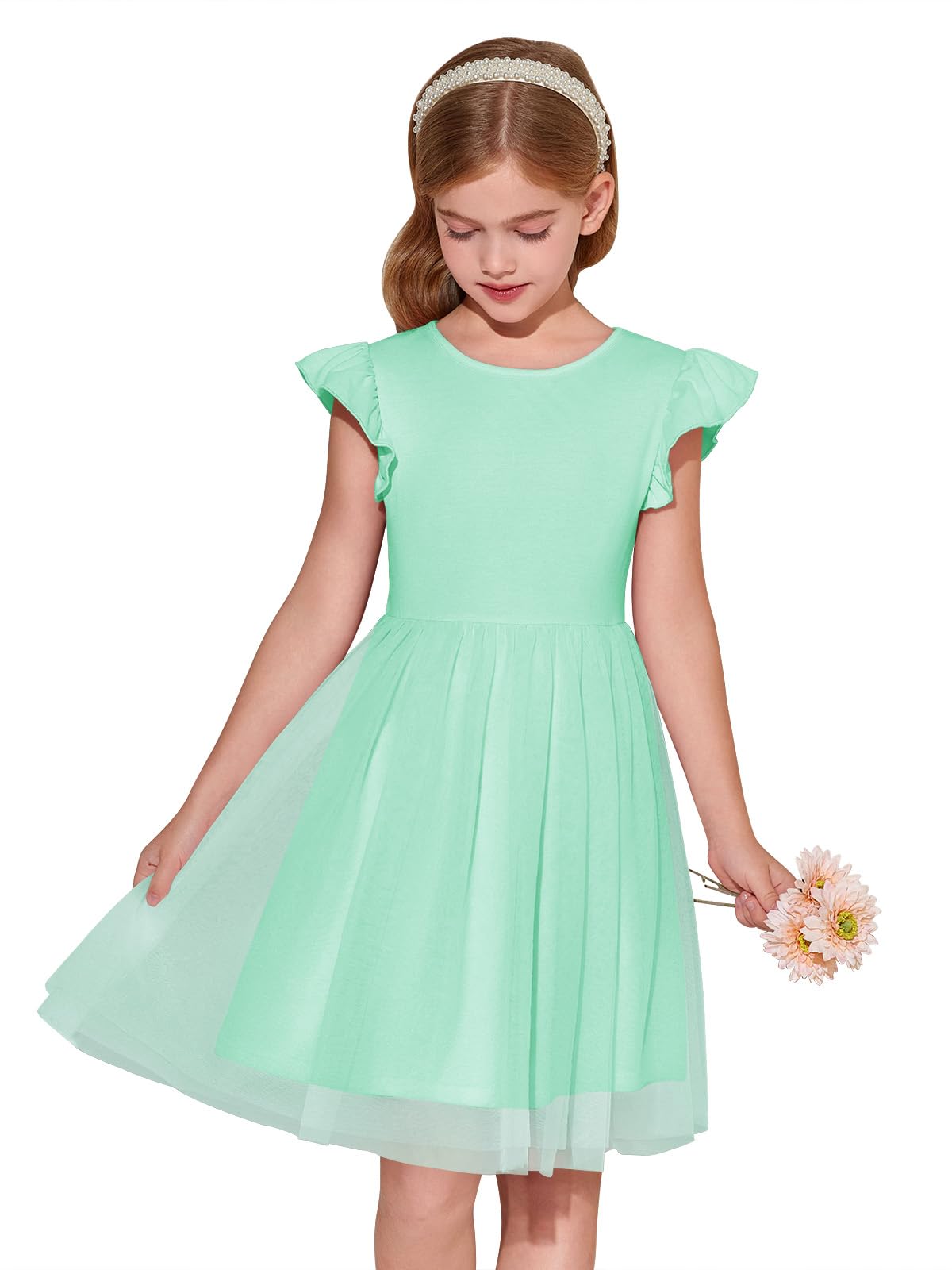 Haloumoning Girls Tutu Dress Ruffle Short Sleeve Fluffy Summer Party Tulle Dress for Kids 5-14Y