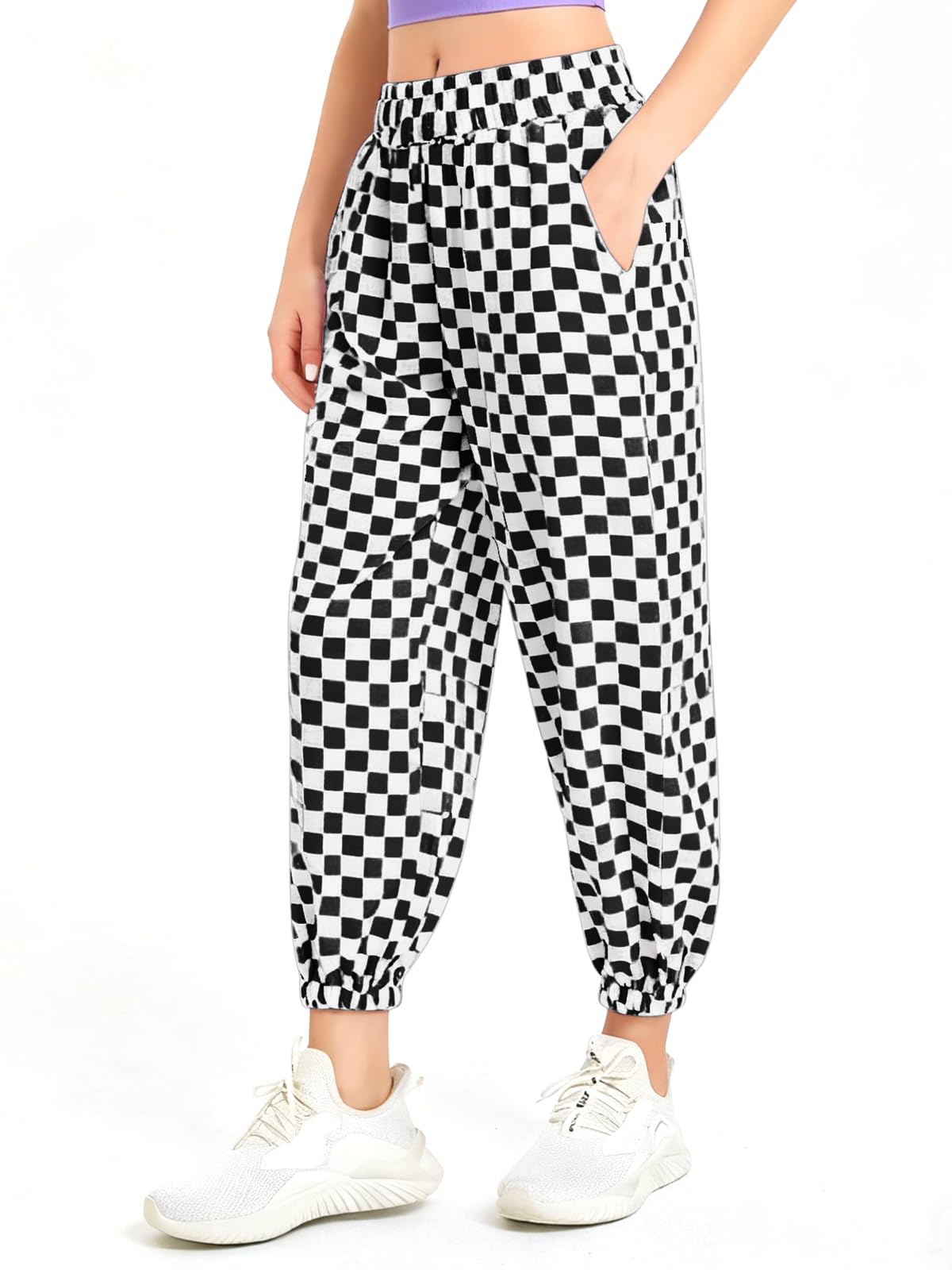 Haloumoning Girls Plaid Pants Kids Elastic Waist Jogger Pants Lightweight Bottoms with Pockets 5-14 Years