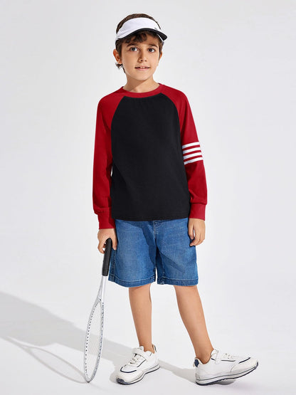 Boys Color Block Long Sleeve Crewneck Shirt in Soft Stretch Fabric