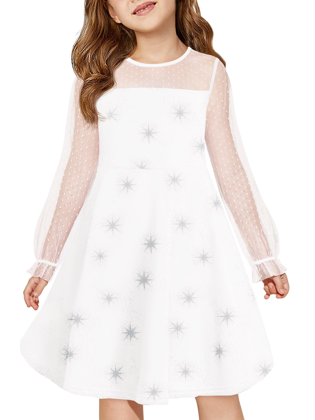 Haloumoning Girls Contrast Mesh Long Sleeve High Waist A Line Short Dress with Pockets 4-14 Years